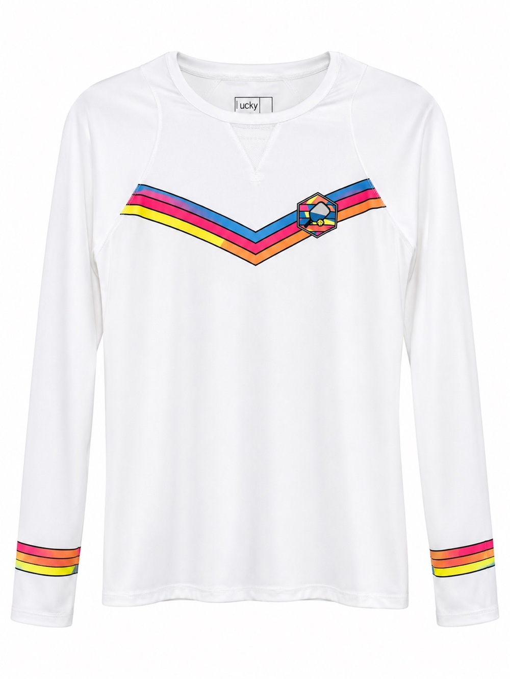 Lucky in Love Brand White Long Sleeve Tee with Rainbow Chevron Stripes